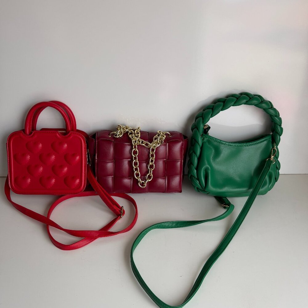 Mini Handbag Bundle 3pc Red Green Crossbody Woven Chain Trendy Bags